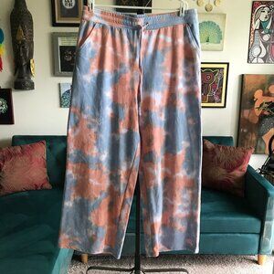 SKINNYGIRL size XL Blue & Peach Tie Dye French Terry Drawstring Wide Leg Pants